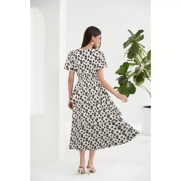 imageGRACE KARIN Womens 2024 Floral Summer Long Midi Dress V Neck Short Sleeve Ruffle Tiered Layered Boho Swing DressesBlackwhite Floral