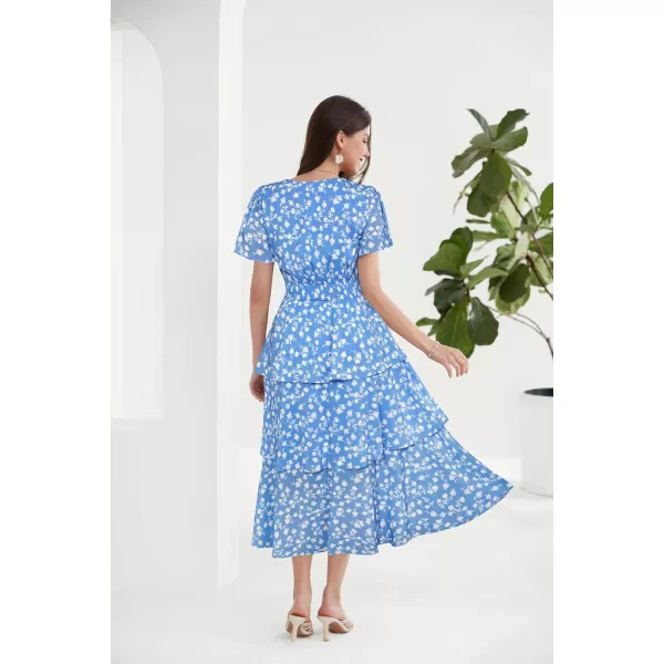 imageGRACE KARIN Womens 2024 Floral Summer Long Midi Dress V Neck Short Sleeve Ruffle Tiered Layered Boho Swing DressesBlue Floral