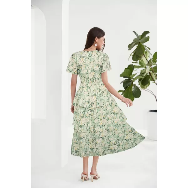 imageGRACE KARIN Womens 2024 Floral Summer Long Midi Dress V Neck Short Sleeve Ruffle Tiered Layered Boho Swing DressesGreenwhite Floral