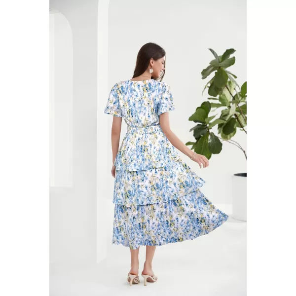 imageGRACE KARIN Womens 2024 Floral Summer Long Midi Dress V Neck Short Sleeve Ruffle Tiered Layered Boho Swing DressesLight Blue Flower