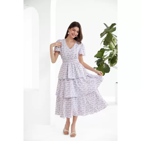 imageGRACE KARIN Womens 2024 Floral Summer Long Midi Dress V Neck Short Sleeve Ruffle Tiered Layered Boho Swing DressesPurple Floral