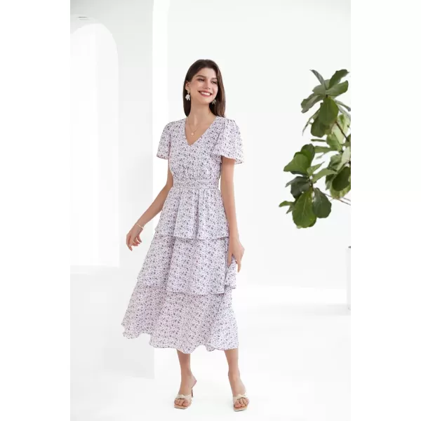 imageGRACE KARIN Womens 2024 Floral Summer Long Midi Dress V Neck Short Sleeve Ruffle Tiered Layered Boho Swing DressesPurple Floral