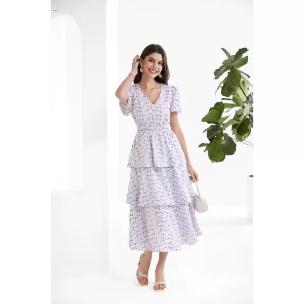imageGRACE KARIN Womens 2024 Floral Summer Long Midi Dress V Neck Short Sleeve Ruffle Tiered Layered Boho Swing DressesPurple Floral