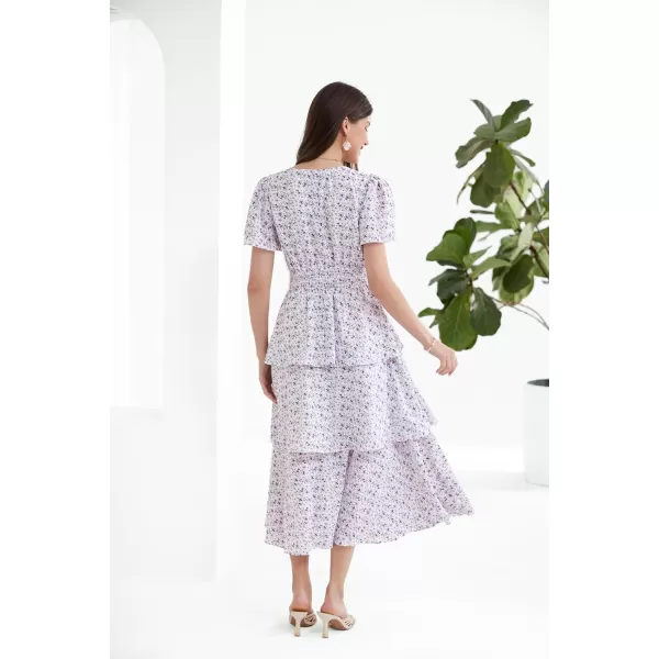 imageGRACE KARIN Womens 2024 Floral Summer Long Midi Dress V Neck Short Sleeve Ruffle Tiered Layered Boho Swing DressesPurple Floral