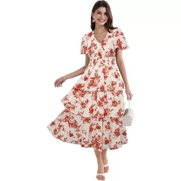 imageGRACE KARIN Womens 2024 Floral Summer Long Midi Dress V Neck Short Sleeve Ruffle Tiered Layered Boho Swing DressesRedwhite Floral