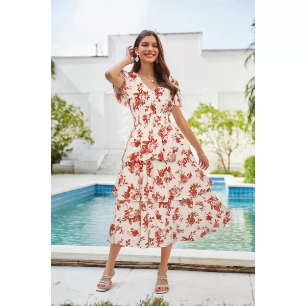imageGRACE KARIN Womens 2024 Floral Summer Long Midi Dress V Neck Short Sleeve Ruffle Tiered Layered Boho Swing DressesRedwhite Floral