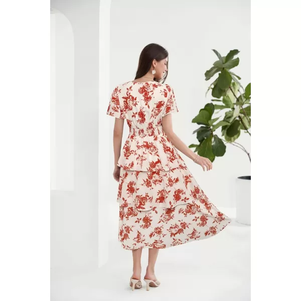 imageGRACE KARIN Womens 2024 Floral Summer Long Midi Dress V Neck Short Sleeve Ruffle Tiered Layered Boho Swing DressesRedwhite Floral