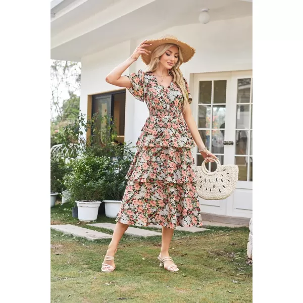 imageGRACE KARIN Womens 2024 Floral Summer Long Midi Dress V Neck Short Sleeve Ruffle Tiered Layered Boho Swing DressesSunflower