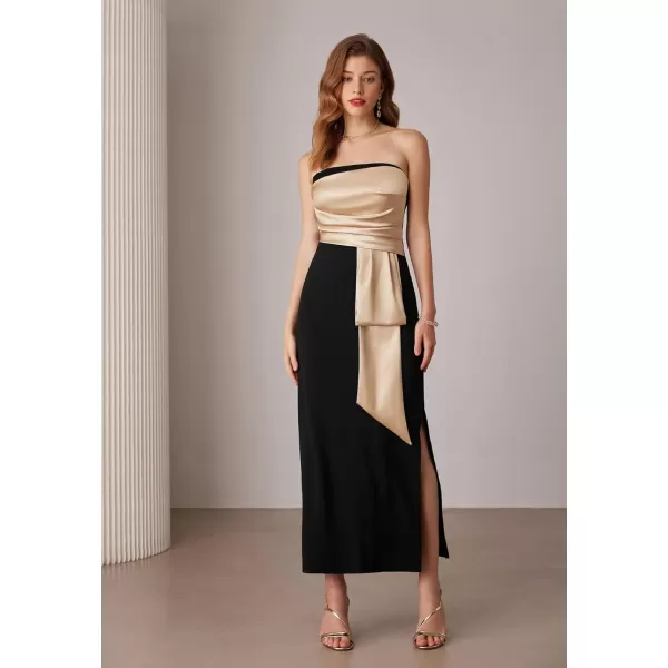 imageGRACE KARIN Womens 2024 Satin Strapless Dress Color Block Bodycon Party Dress with Side SlitBlack Apricot