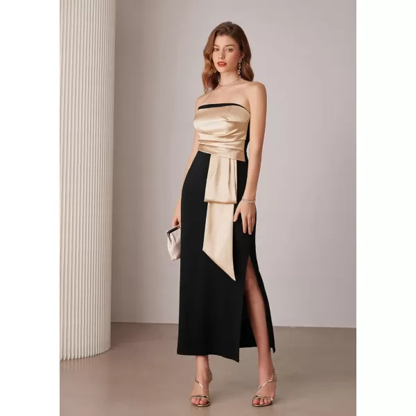 imageGRACE KARIN Womens 2024 Satin Strapless Dress Color Block Bodycon Party Dress with Side SlitBlack Apricot