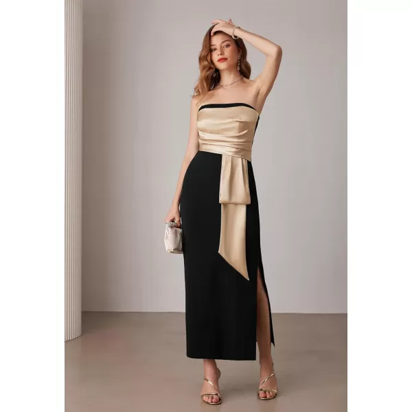 imageGRACE KARIN Womens 2024 Satin Strapless Dress Color Block Bodycon Party Dress with Side SlitBlack Apricot