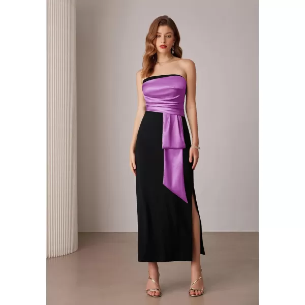 imageGRACE KARIN Womens 2024 Satin Strapless Dress Color Block Bodycon Party Dress with Side SlitBlack Purple
