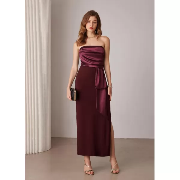 imageGRACE KARIN Womens 2024 Satin Strapless Dress Color Block Bodycon Party Dress with Side SlitWine Red