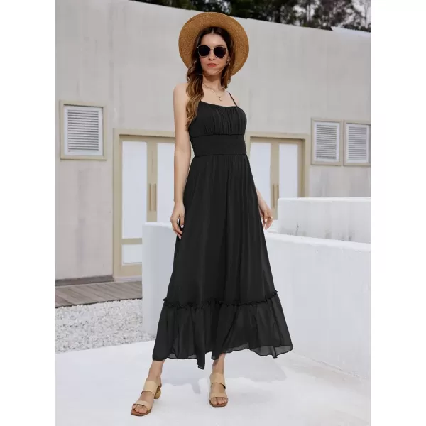 imageGRACE KARIN Womens 2024 Summer Maxi Dress Casual Sleeveless Spaghetti Strap Smocked Ruffle Beach Long Dress with PocketsBlack