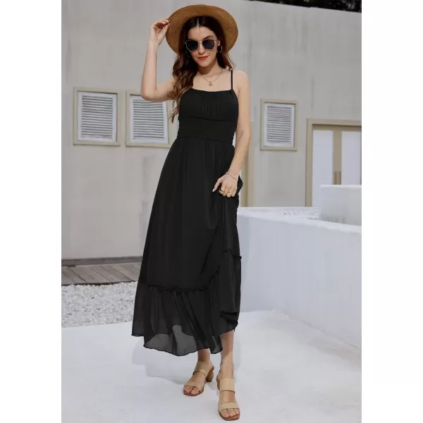 imageGRACE KARIN Womens 2024 Summer Maxi Dress Casual Sleeveless Spaghetti Strap Smocked Ruffle Beach Long Dress with PocketsBlack