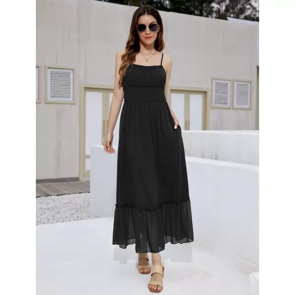 imageGRACE KARIN Womens 2024 Summer Maxi Dress Casual Sleeveless Spaghetti Strap Smocked Ruffle Beach Long Dress with PocketsBlack