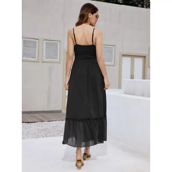 imageGRACE KARIN Womens 2024 Summer Maxi Dress Casual Sleeveless Spaghetti Strap Smocked Ruffle Beach Long Dress with PocketsBlack