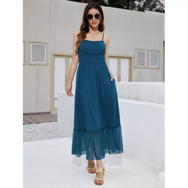 imageGRACE KARIN Womens 2024 Summer Maxi Dress Casual Sleeveless Spaghetti Strap Smocked Ruffle Beach Long Dress with PocketsBlue