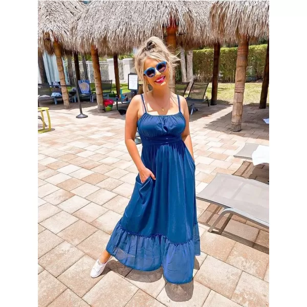 imageGRACE KARIN Womens 2024 Summer Maxi Dress Casual Sleeveless Spaghetti Strap Smocked Ruffle Beach Long Dress with PocketsBlue