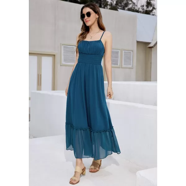 imageGRACE KARIN Womens 2024 Summer Maxi Dress Casual Sleeveless Spaghetti Strap Smocked Ruffle Beach Long Dress with PocketsBlue