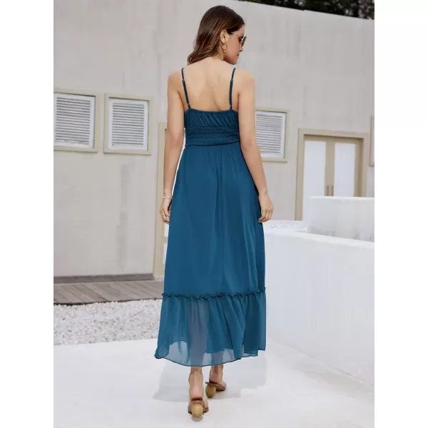 imageGRACE KARIN Womens 2024 Summer Maxi Dress Casual Sleeveless Spaghetti Strap Smocked Ruffle Beach Long Dress with PocketsBlue