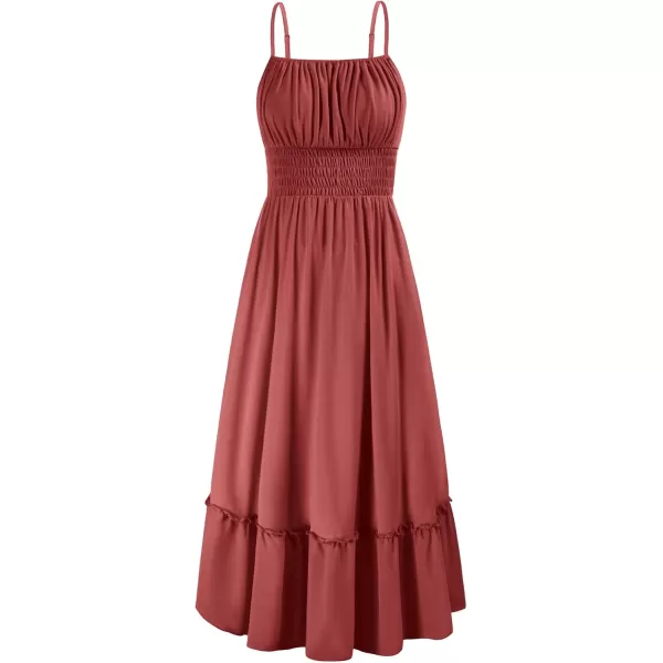 imageGRACE KARIN Womens 2024 Summer Maxi Dress Casual Sleeveless Spaghetti Strap Smocked Ruffle Beach Long Dress with PocketsBrick Red