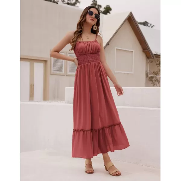 imageGRACE KARIN Womens 2024 Summer Maxi Dress Casual Sleeveless Spaghetti Strap Smocked Ruffle Beach Long Dress with PocketsBrick Red