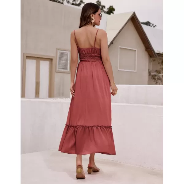 imageGRACE KARIN Womens 2024 Summer Maxi Dress Casual Sleeveless Spaghetti Strap Smocked Ruffle Beach Long Dress with PocketsBrick Red