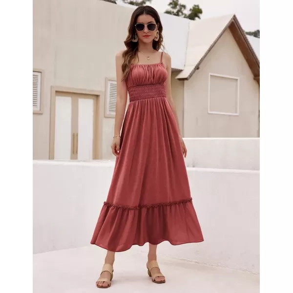 imageGRACE KARIN Womens 2024 Summer Maxi Dress Casual Sleeveless Spaghetti Strap Smocked Ruffle Beach Long Dress with PocketsBrick Red
