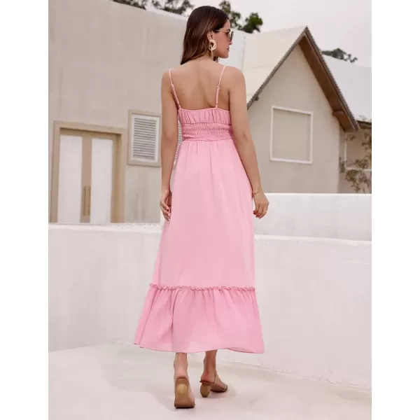 imageGRACE KARIN Womens 2024 Summer Maxi Dress Casual Sleeveless Spaghetti Strap Smocked Ruffle Beach Long Dress with PocketsLight Pink