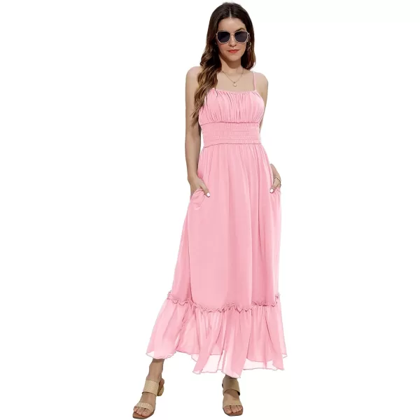 imageGRACE KARIN Womens 2024 Summer Maxi Dress Casual Sleeveless Spaghetti Strap Smocked Ruffle Beach Long Dress with PocketsLight Pink