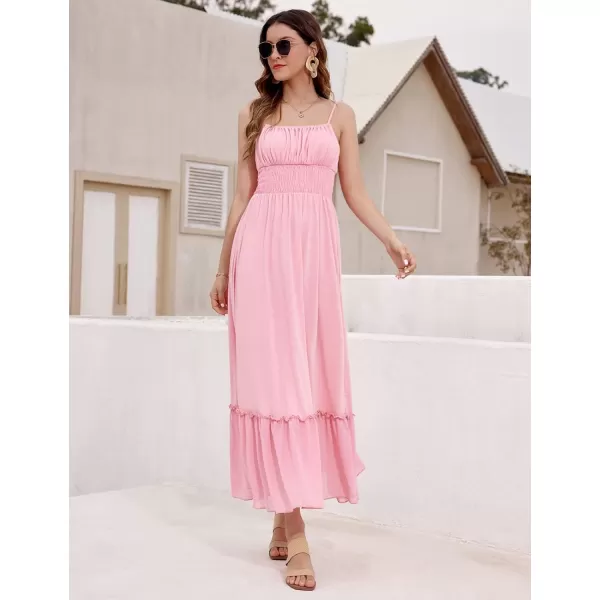 imageGRACE KARIN Womens 2024 Summer Maxi Dress Casual Sleeveless Spaghetti Strap Smocked Ruffle Beach Long Dress with PocketsLight Pink