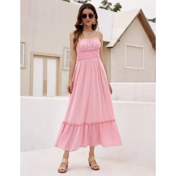 imageGRACE KARIN Womens 2024 Summer Maxi Dress Casual Sleeveless Spaghetti Strap Smocked Ruffle Beach Long Dress with PocketsLight Pink