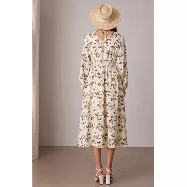 imageGRACE KARIN Womens Boho Summer Fall Floral Midi Dress 2024 Casual Beach Wedding Guest Long Sleeve V Neck Maxi DressBeige Brown Floral