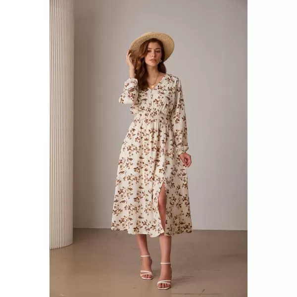 imageGRACE KARIN Womens Boho Summer Fall Floral Midi Dress 2024 Casual Beach Wedding Guest Long Sleeve V Neck Maxi DressBeige Brown Floral