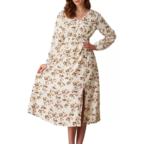 imageGRACE KARIN Womens Boho Summer Fall Floral Midi Dress 2024 Casual Beach Wedding Guest Long Sleeve V Neck Maxi DressBeige Brown Floral