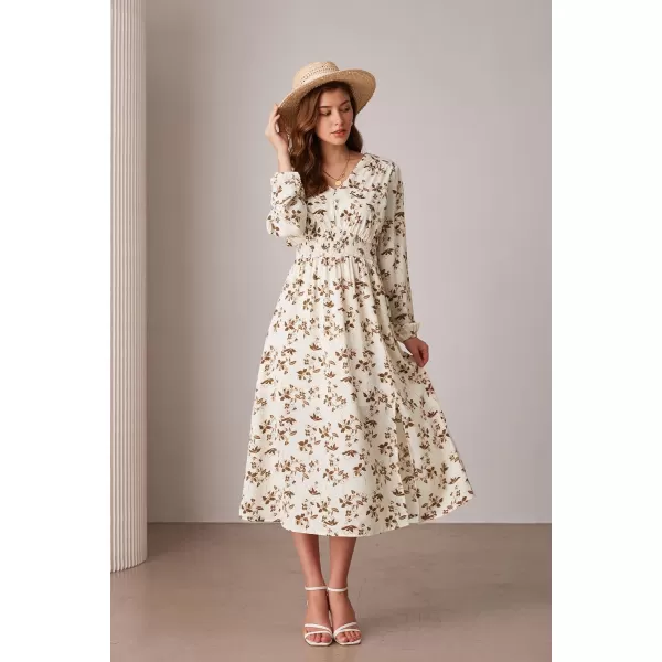 imageGRACE KARIN Womens Boho Summer Fall Floral Midi Dress 2024 Casual Beach Wedding Guest Long Sleeve V Neck Maxi DressBeige Brown Floral