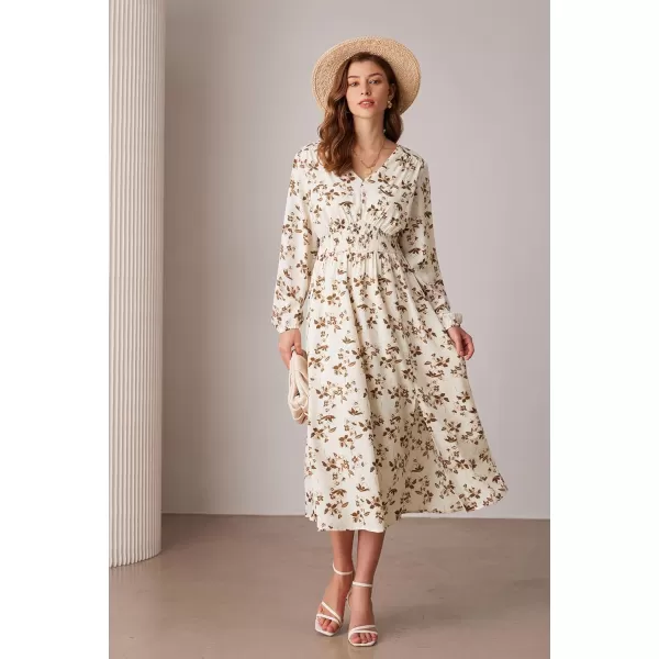 imageGRACE KARIN Womens Boho Summer Fall Floral Midi Dress 2024 Casual Beach Wedding Guest Long Sleeve V Neck Maxi DressBeige Brown Floral