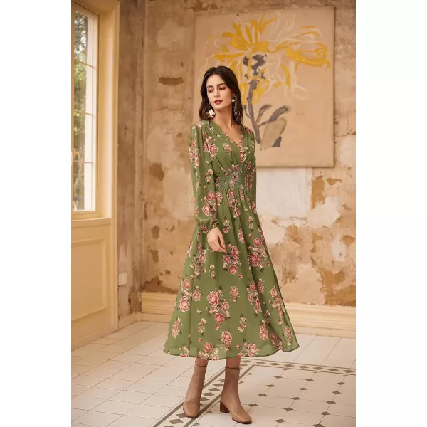 imageGRACE KARIN Womens Boho Summer Fall Floral Midi Dress 2024 Casual Beach Wedding Guest Long Sleeve V Neck Maxi DressGreen Red Floral