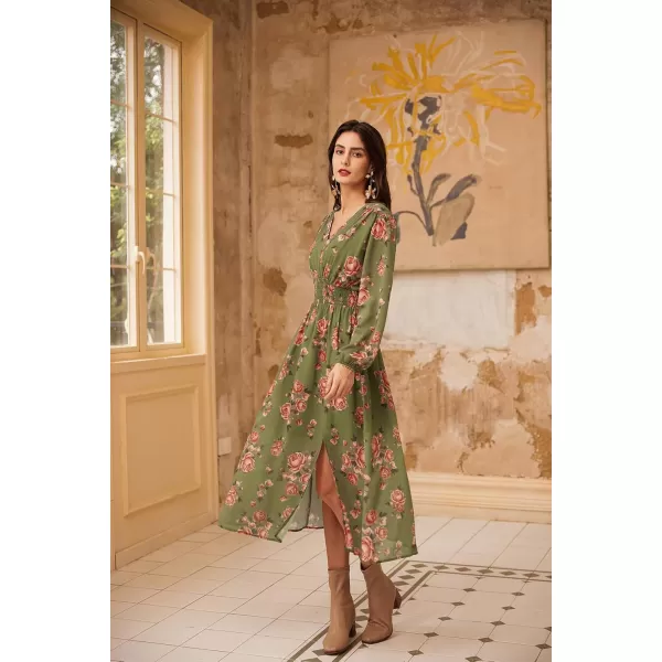 imageGRACE KARIN Womens Boho Summer Fall Floral Midi Dress 2024 Casual Beach Wedding Guest Long Sleeve V Neck Maxi DressGreen Red Floral