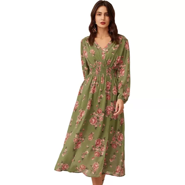 imageGRACE KARIN Womens Boho Summer Fall Floral Midi Dress 2024 Casual Beach Wedding Guest Long Sleeve V Neck Maxi DressGreen Red Floral