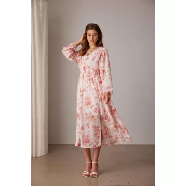 imageGRACE KARIN Womens Boho Summer Fall Floral Midi Dress 2024 Casual Beach Wedding Guest Long Sleeve V Neck Maxi DressWhite Pink Floral