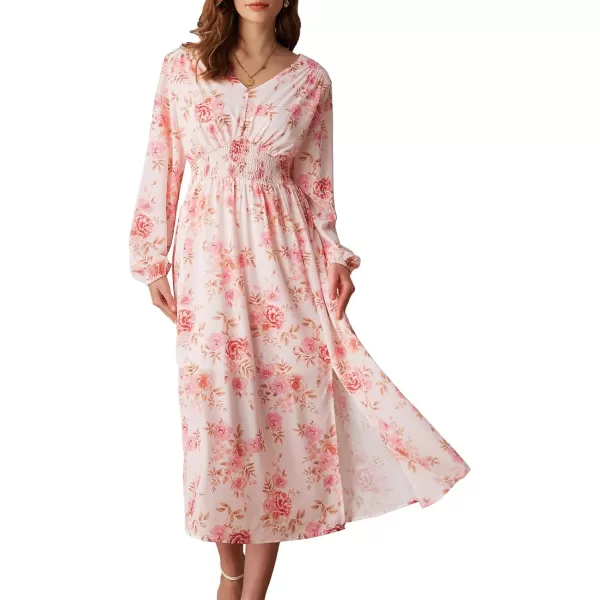 imageGRACE KARIN Womens Boho Summer Fall Floral Midi Dress 2024 Casual Beach Wedding Guest Long Sleeve V Neck Maxi DressWhite Pink Floral