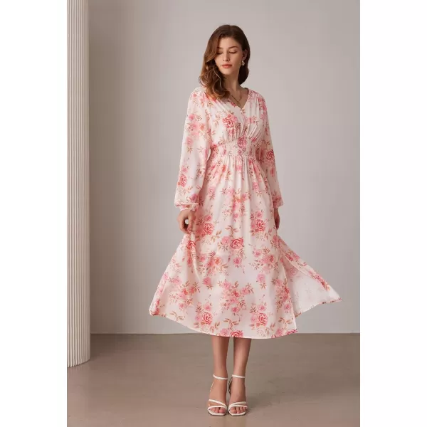 imageGRACE KARIN Womens Boho Summer Fall Floral Midi Dress 2024 Casual Beach Wedding Guest Long Sleeve V Neck Maxi DressWhite Pink Floral