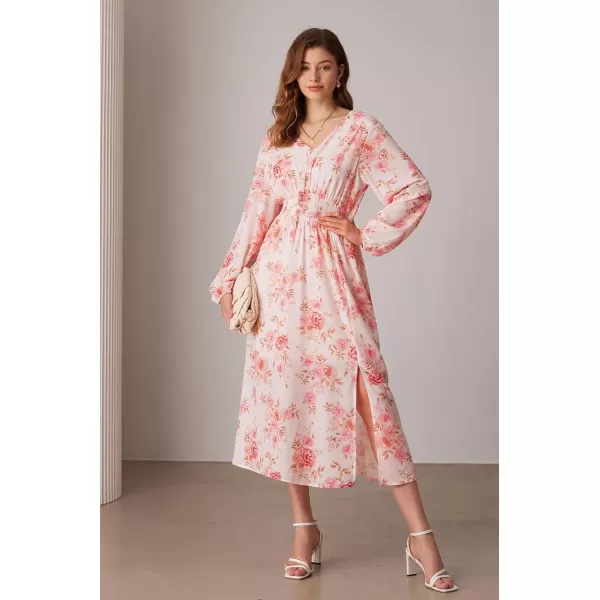 imageGRACE KARIN Womens Boho Summer Fall Floral Midi Dress 2024 Casual Beach Wedding Guest Long Sleeve V Neck Maxi DressWhite Pink Floral