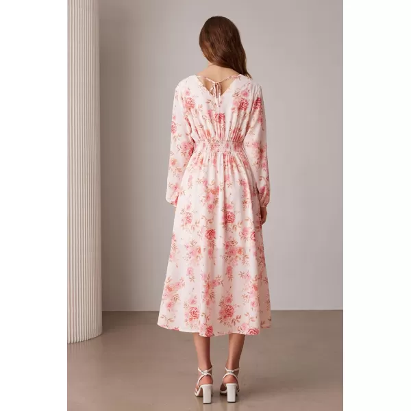 imageGRACE KARIN Womens Boho Summer Fall Floral Midi Dress 2024 Casual Beach Wedding Guest Long Sleeve V Neck Maxi DressWhite Pink Floral