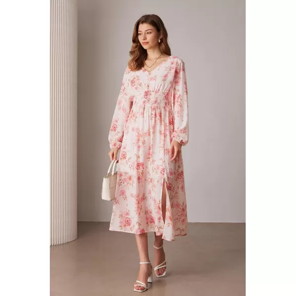 imageGRACE KARIN Womens Boho Summer Fall Floral Midi Dress 2024 Casual Beach Wedding Guest Long Sleeve V Neck Maxi DressWhite Pink Floral