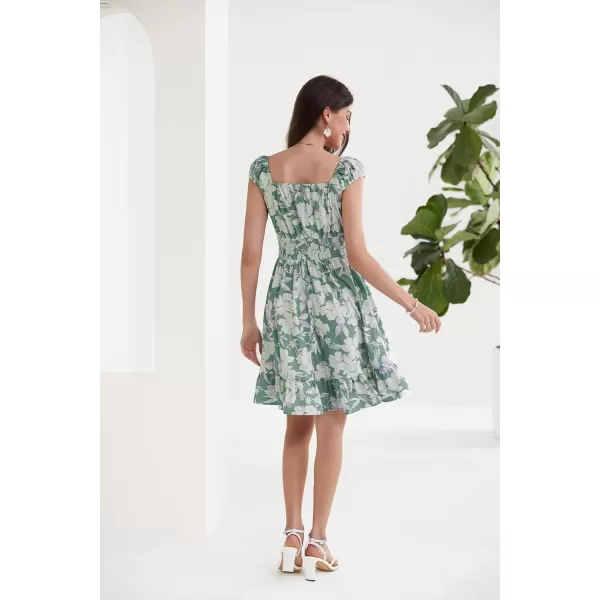 imageGRACE KARIN Womens Floral Dress 2024 Summer Cap Sleeve Smocked Flowy A Line Short Dress Boho Flared Swing Mini DressesGreen White Floral