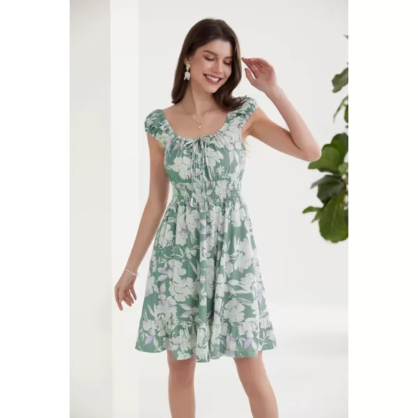 imageGRACE KARIN Womens Floral Dress 2024 Summer Cap Sleeve Smocked Flowy A Line Short Dress Boho Flared Swing Mini DressesGreen White Floral