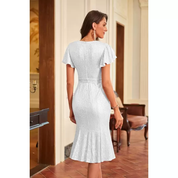 imageGRACE KARIN Womens Formal Sequin Dress Cap Sleeve Elegant Mermaid Dress Glitter Sparkly Cocktail Party Dress with BeltSilver White